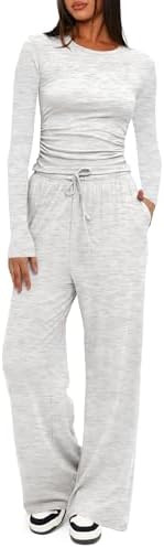 Darong Women's 2 Piece Outfits Lounge Sets 2025 Fall Long Sleeve Tops Wide Leg Pants Casual Match... | Amazon (US)