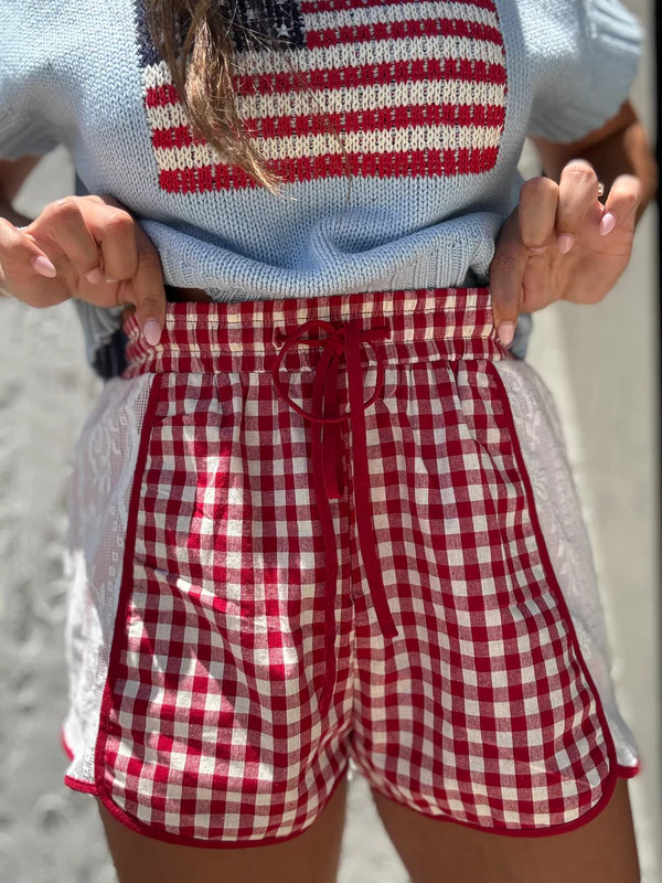 Jenny Gingham Mini Shorts With Floral Lace | Tennessee Jane