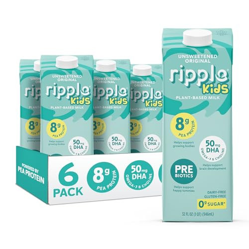 Ripple Kids Unsweetened Plant Based Milk | 8g of Quality Sourced Pea Protein, Calcium Rich | Shelf Stable | Vegan & Non GMO | Dairy, Soy, Nut, Gluten, & Lactose Free | 32 Fl Oz Cartons (Pack of 6) | Amazon (US)