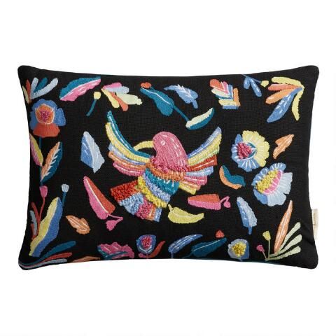 Oaxaca Black Multi Embroidered Indoor Outdoor Lumbar Pillow | World Market