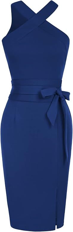 GRACE KARIN 2023 Summer Cocktail Bodycon Dress for Women Sleeveless Halter Neck Belted Slit Sheath P | Amazon (US)