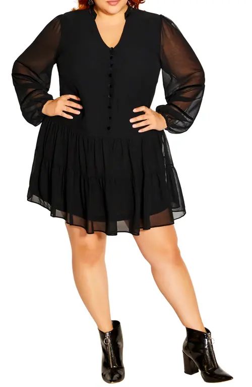 City Chic Melanie V-Neck Puff Sleeve Tiered Ruffle Dress in Black at Nordstrom, Size Small | Nordstrom