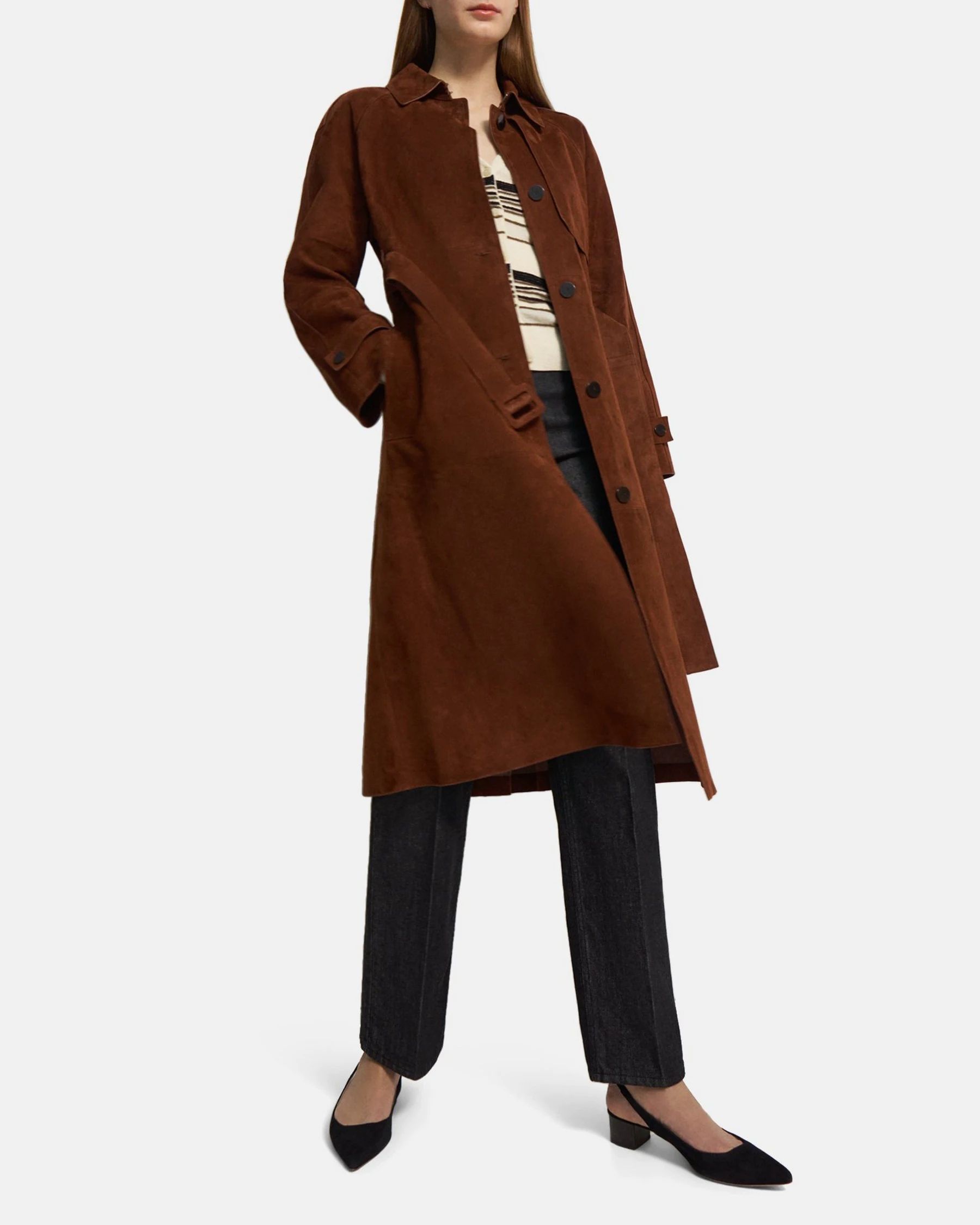 Belted Trench Coat in Cotton-Bonded Suede | Theory Outlet