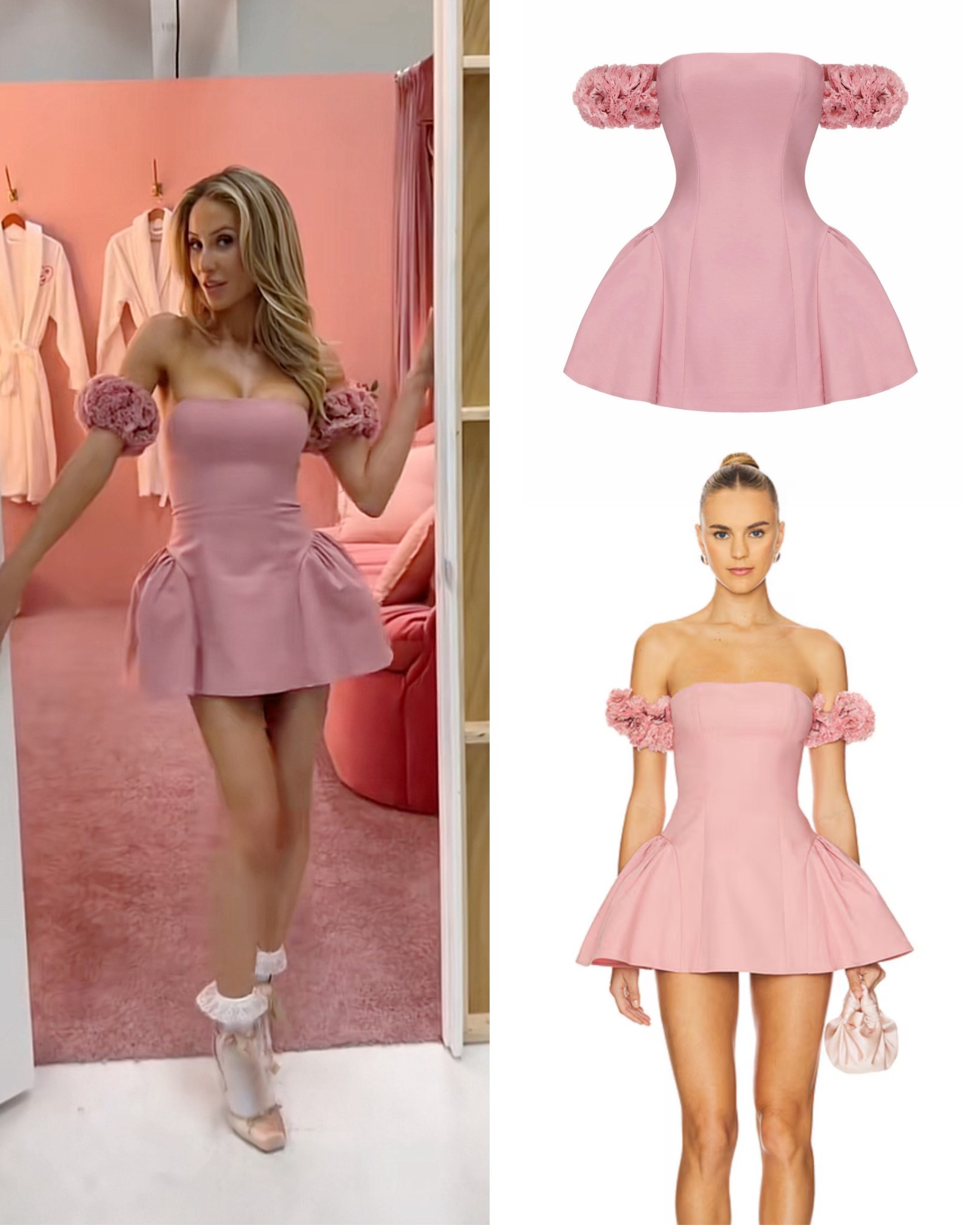 Alix Earle in Nana Jacqueline 
“The elegant off-shoulder Flora Dress features a tailored design with a flattering fit. The fitted bodice highlights the waist, while the flared skirt adds movement and a playful touch. The standout textured puff sleeves bring a romantic element to the design, and can be adjusted for multiple styling options."

#LTKootd