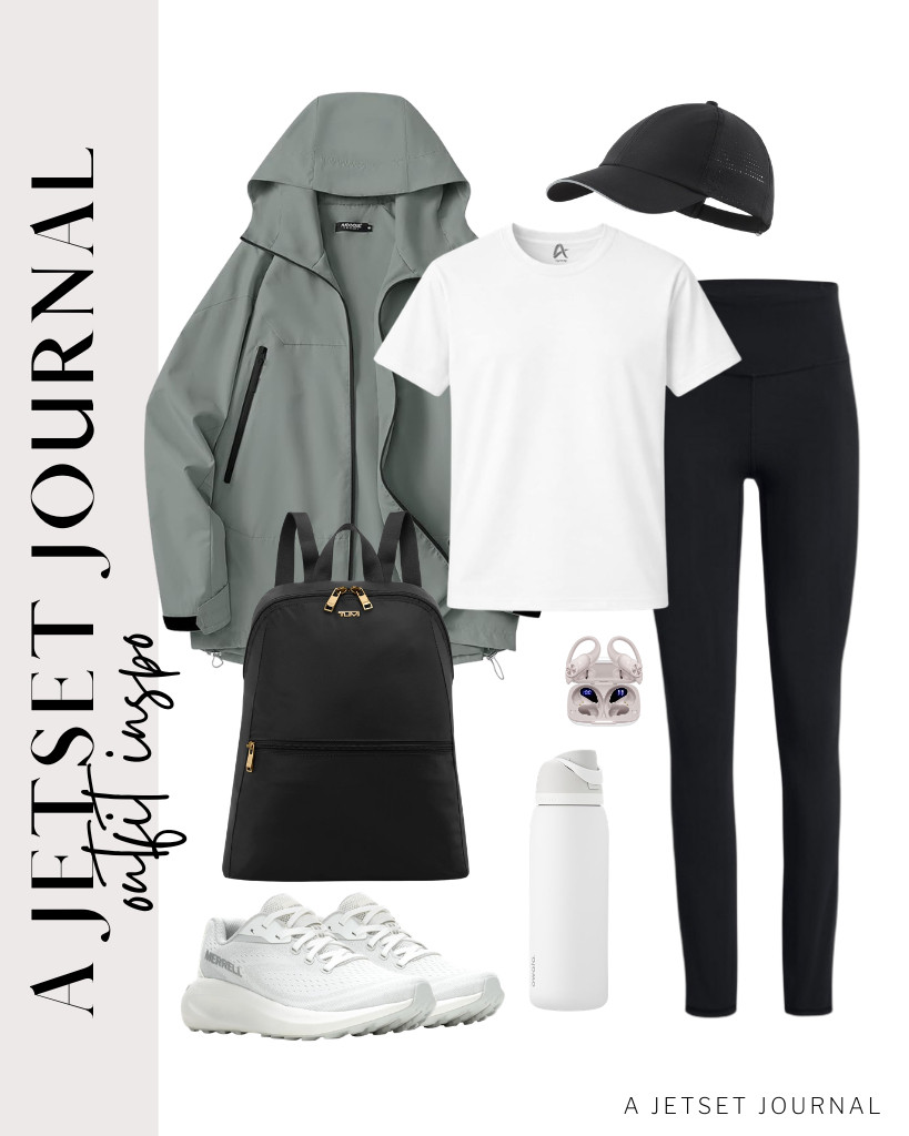 I'm really excited about this outfit idea! It features a white t-shirt paired with comfortable leggings, layered under a gray hooded raincoat. If you're planning to wear these for weekend hiking or trail walking, you'll love the Merrell Morphlite Shoes. And don't forget to stay hydrated with an Owala stainless steel water bottle! 

 #LTKSeasonal #LTKSaleAlert #LTKTravel