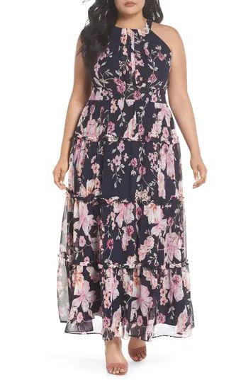 Plus Size Women's Eliza J Floral Ruffle Trim Chiffon Halter Maxi Dress | Nordstrom