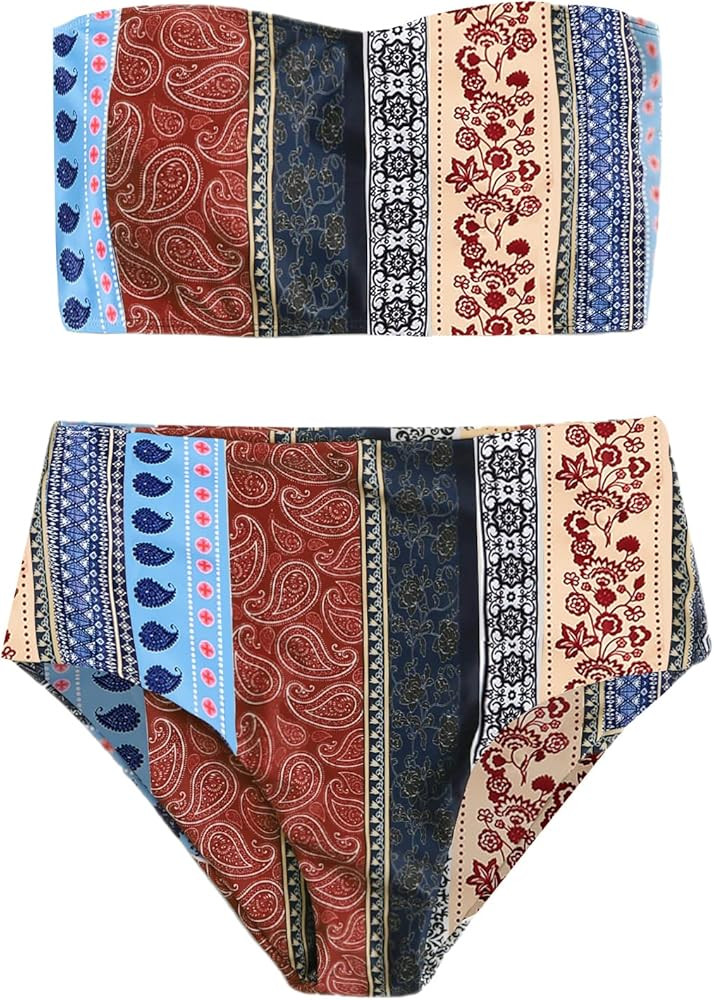 Floerns Women's Boho Two Piece High Waist Bathing Suit Bandeau Swimsuit | Amazon (US)