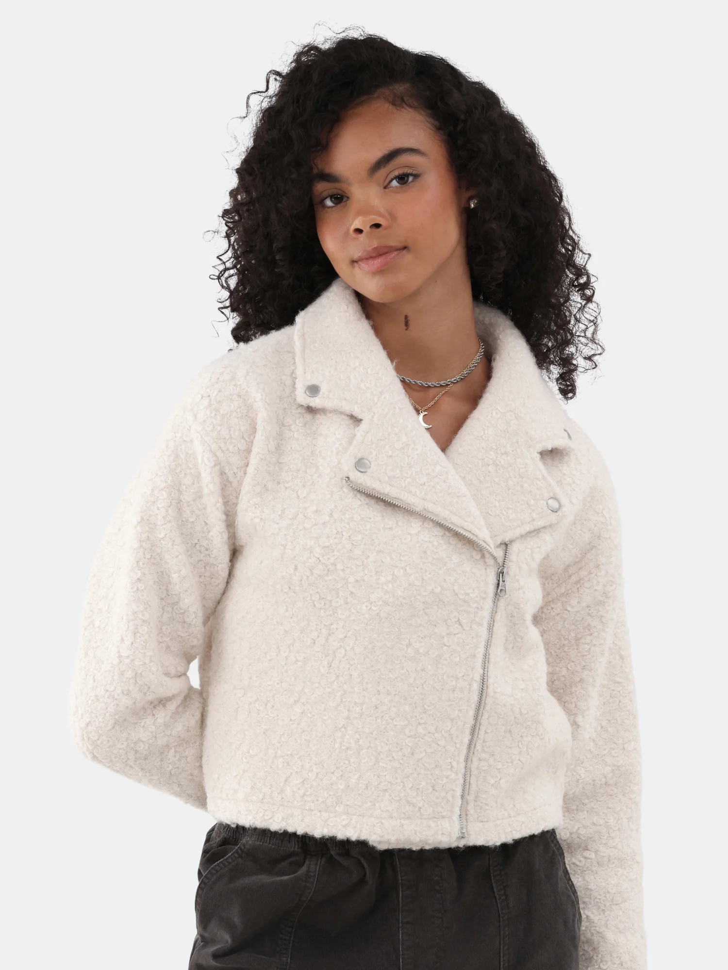 No Boundaries Asymmetric Zip Faux Shearling Moto Jacket, Women's and Women's Plus | Walmart (US)