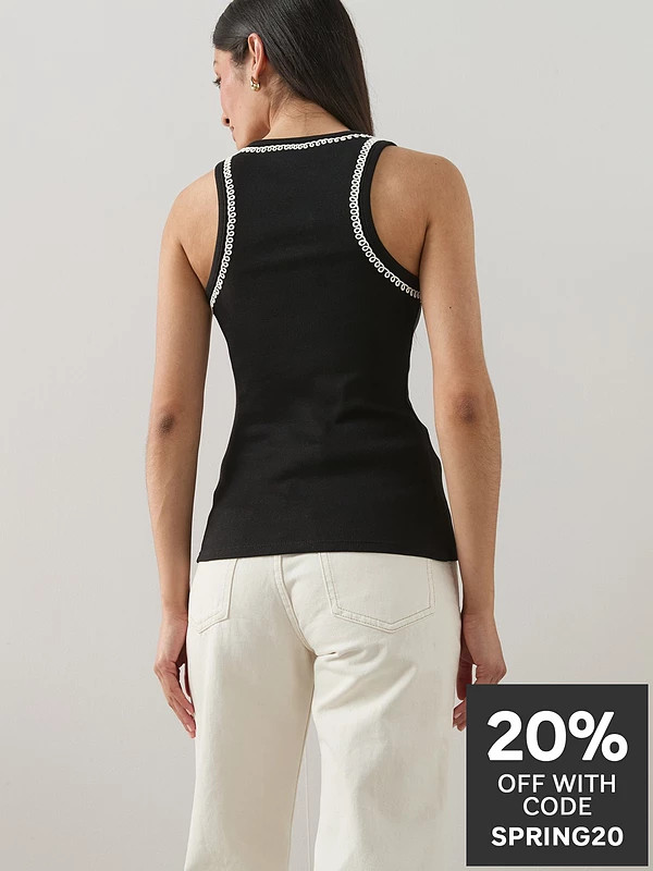 The Very Collection Embroidered Trim Rib Racer Vest - Black | Very (UK)