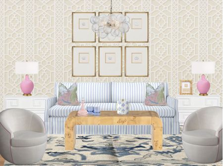 Wallpaper. Entertain. Host. Party. Decanter. Lowball glasses. Colored glass. Ice bucket. Intaglios. Bubble chandelier. Pleated blue sofa. Blue stripe couch. Chinoiserie pillow. Pink. Green. Burl wood coffee table. Swivel chair. Contrast welt. Oushak rug. Green key. Dupe. Pink lamp. Scallop picture frame. 

#LTKhome