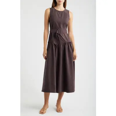 ZOE AND CLAIRE Belted Drop Waist Midi Dress in Brown at Nordstrom, Size X-Large | Nordstrom