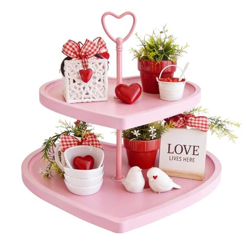 Acellegic Valentines Day 2 Tiered Tray Stand Set Pink Heart Shaped Decorative Tray 2 Tiered Wooden Serving Shelf Set Decorative Table for Home Kitchen Weddings Valentines Day Party Decoration | Amazon (US)
