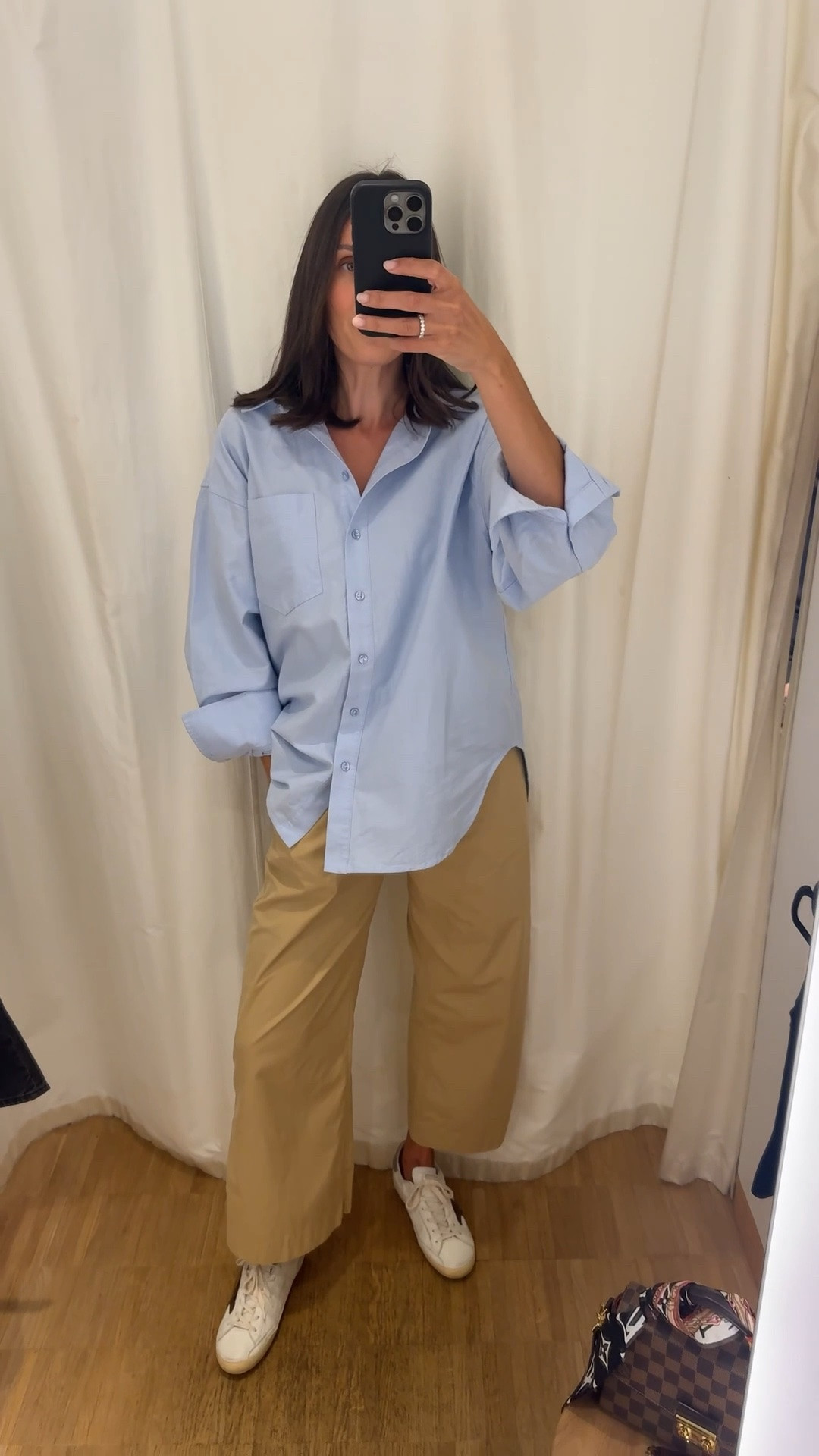 An outfit I reach for on repeat as a mum of two! Comfy cotton pants paired with a classic cotton oversized button shirt. Statement sneakers + sunglasses and LV bag x

#LTKaustralia #LTKstyletip