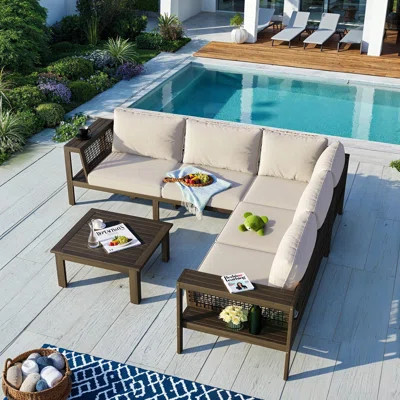 4-Piece Acacia Wood Sofa Set L-Shaped Patio Furniture Conversation Set with Coffee Table, Beige Cushions & Woven Mesh Armrests | Wayfair North America