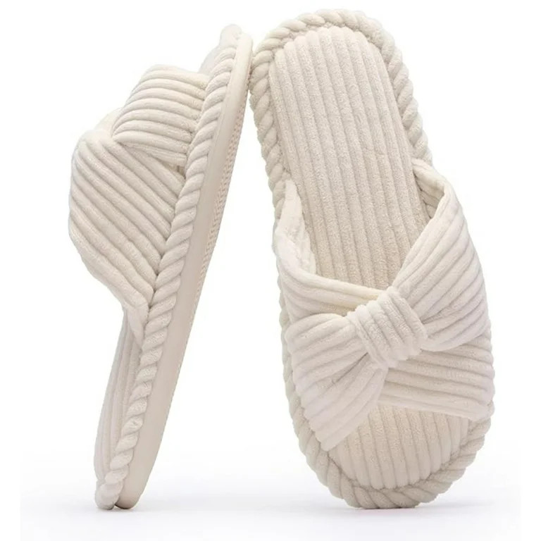BERANMEY Comfy Slippers for Women Memory Foam House Bedroom Shoes Corduroy Bow Crossbands Slide S... | Walmart (US)