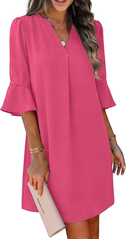 RUMIA Shift Dress for Women V Neck Ruffle Sleeve Loose Summer Office Work Casual Dress | Amazon (US)