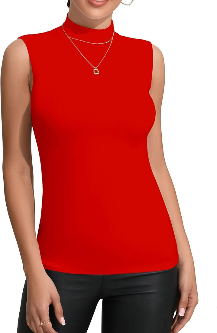 FOUGEDE Women's Mock Turtleneck Long Sleeve/Sleeveless Basic Fitted Stretch Slim Shirts Tops | Amazon (US)