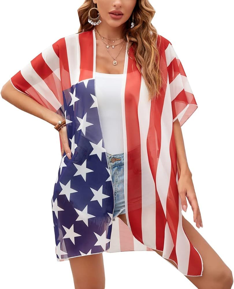 Women American Flag Kimono 4th of July Cover Up Lightweight Cardigan 4th of July Outfits for Wome... | Amazon (US)