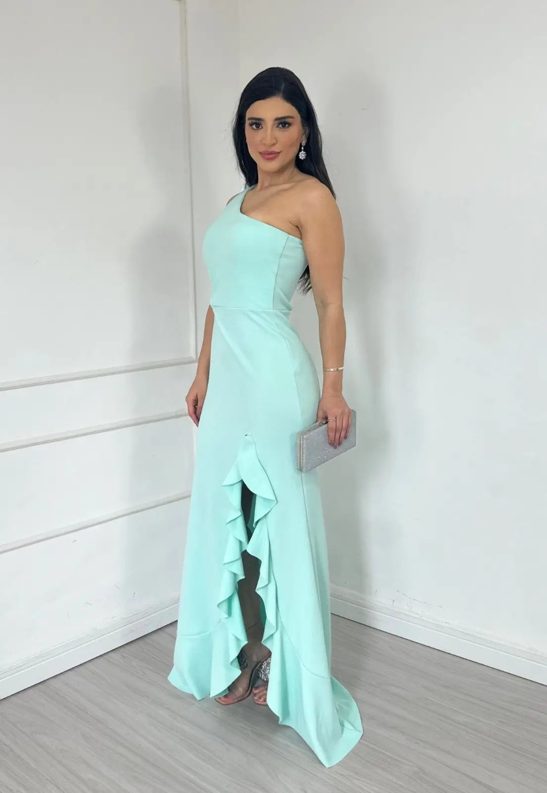 Vestido Longo de Festa Um Ombro Fenda com Babados Crepe Veronny Verde Tiffany | Dafiti (BR)