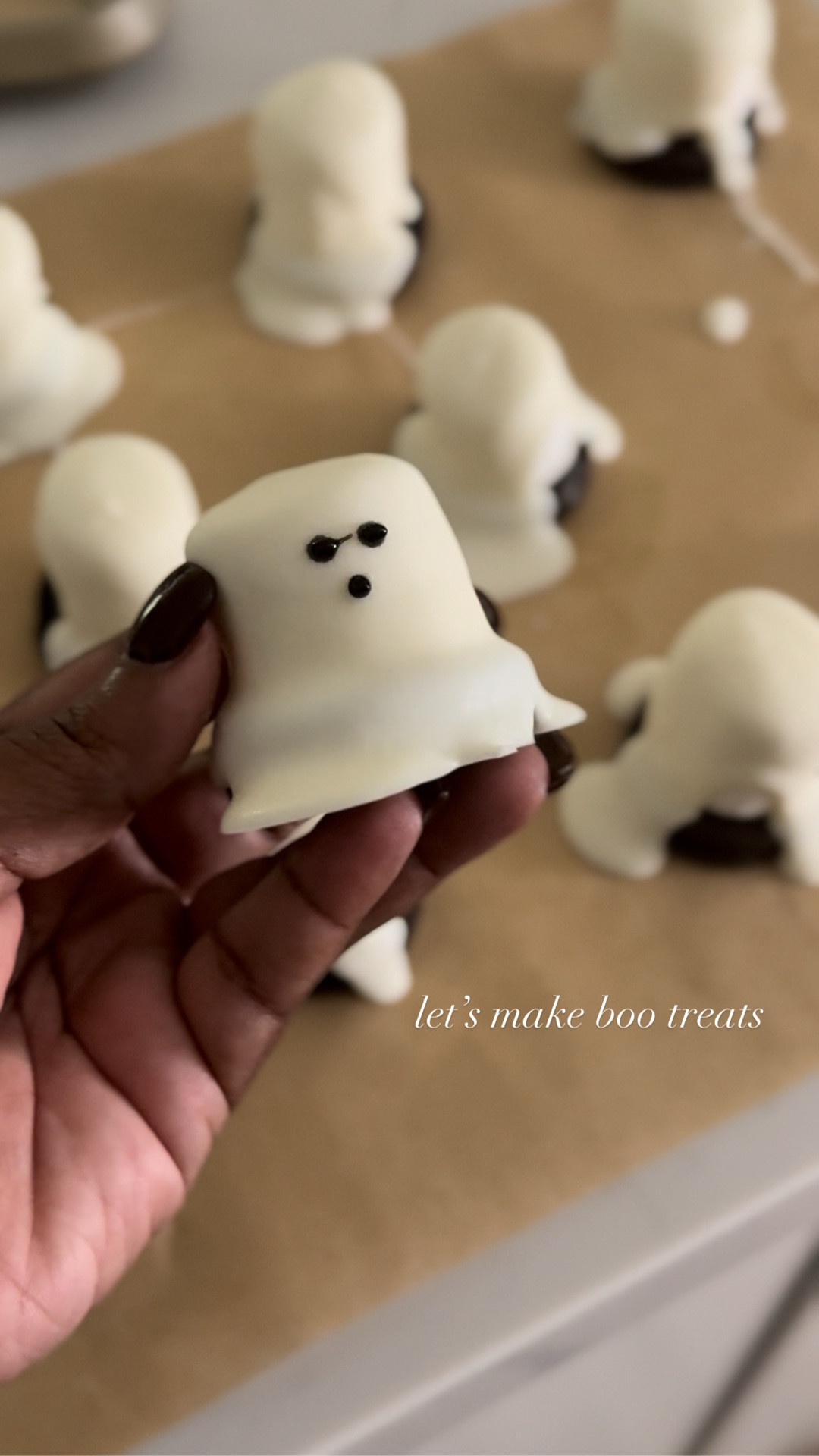 Let’s make some boo treats 👻 

Oreo Boo Treats

Ingredients:
	•	12 Oreo cookies
	•	12 large marshmallows
	•	2 cups white melting chocolate (or white candy melts)
	•	Black gel frosting or edible writing pen

Instructions:
	1.	Melt the chocolate: In a microwave-safe bowl, melt the white chocolate according to package directions (usually 30-second intervals, stirring until smooth).
	2.	Make the base: Dip the bottom of each marshmallow into the melted white chocolate and place it on top of an Oreo cookie. Let them set for about 5–10 minutes so the marshmallow sticks firmly.
	3.	Coat the treats: Spoon or drizzle melted white chocolate over each Oreo + marshmallow stack until fully covered. Place on parchment or wax paper and allow to set completely.
	4.	Decorate the faces: Once the chocolate is firm, use black gel frosting or an edible pen to draw spooky, silly, or cute ghost faces on the marshmallows.
	5.	Serve and enjoy: Arrange your Boo Treats on a platter for a fun Halloween snack that doubles as festive decor!

Reeses Boo Treat

Use the black gel frosting pen to draw on boo faces! 


Food, Halloween Snacks, Party Snacks, Boo Bar, Parties, Hosting, Halloween Party 

#LTKFamily #LTKParties #LTKSeasonal