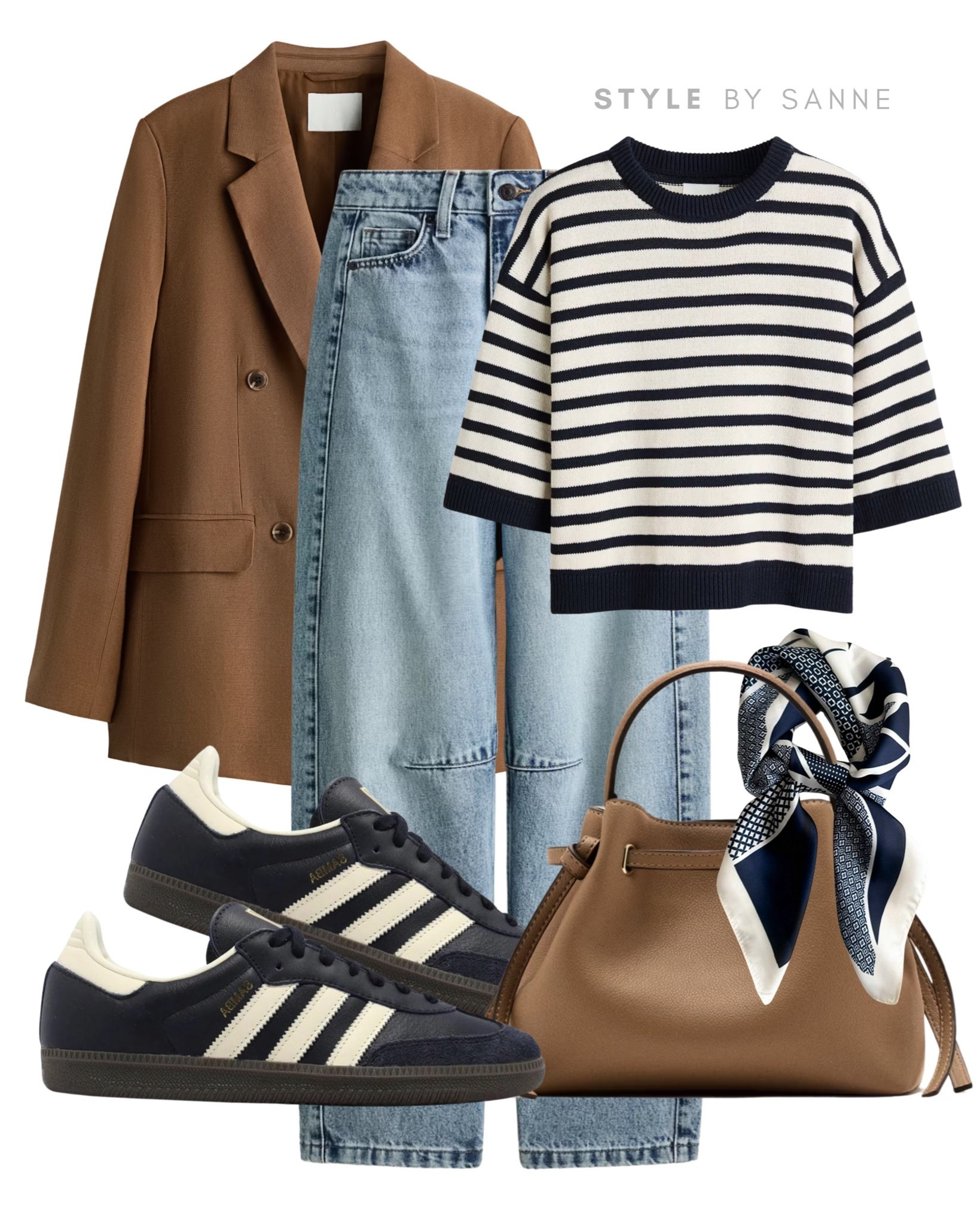 A warm brown blazer layered over light denim creates a timeless mix of polished and casual. Styled with navy stripes, retro sneakers and a silk scarf for a refined everyday look with a subtle French-inspired touch.✨

#LTKworkwear #LTKstyletip