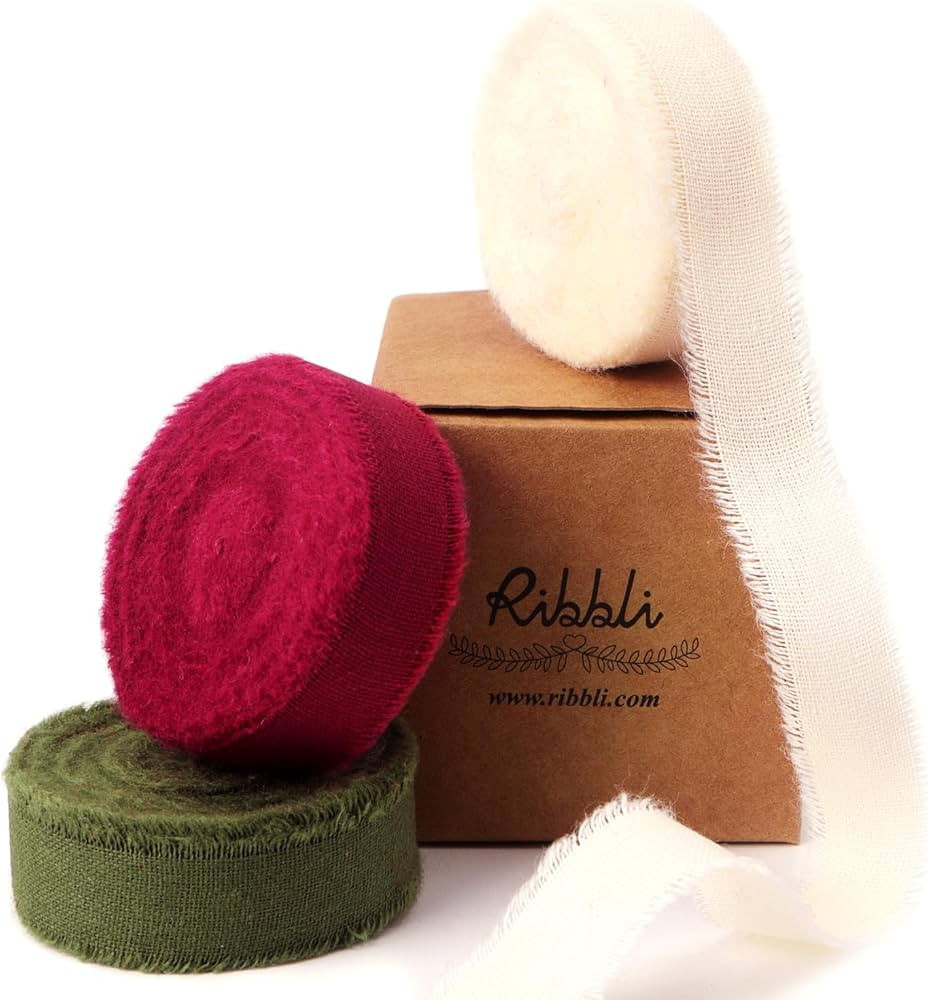 Ribbli 3 Rolls Christmas Ribbon 5/8 Inch x 18 Yards Ivory Burgundy Moss Handmade Cotton Frayed Fr... | Amazon (US)