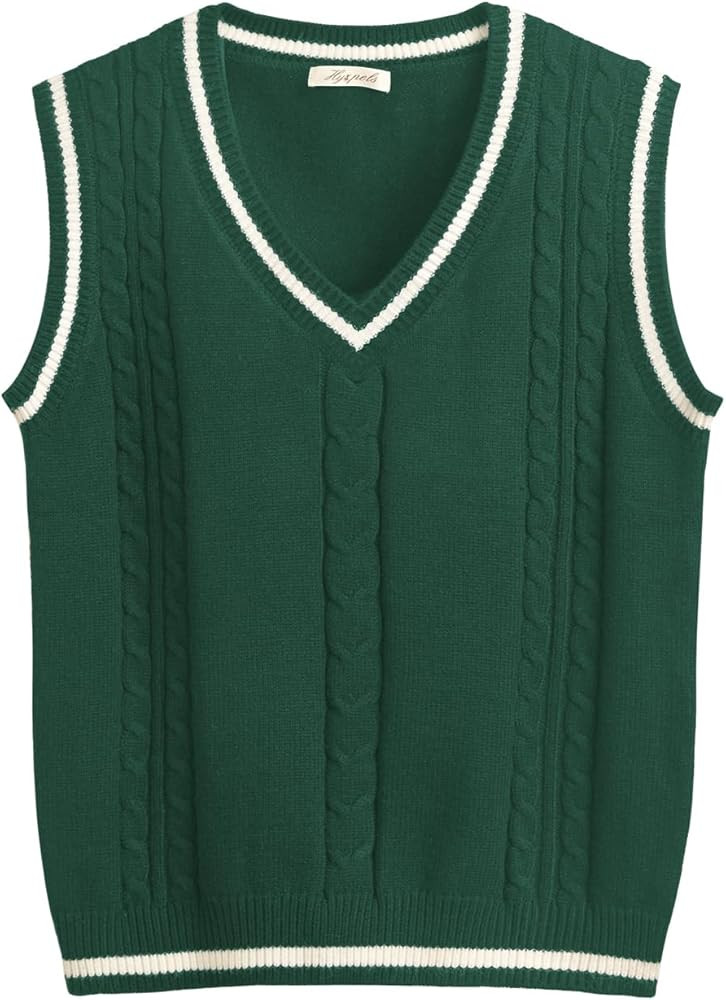 Hyipels Sweater Vest Women,Sleeveless V Neck Argyle Plaid Long Preppy Loose Knitted Casual School... | Amazon (US)