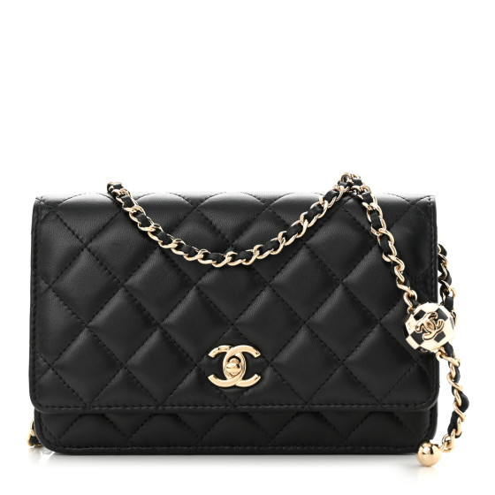 Lambskin Quilted  Enamel CC Pearl Crush Wallet on Chain WOC Black | FASHIONPHILE (US)