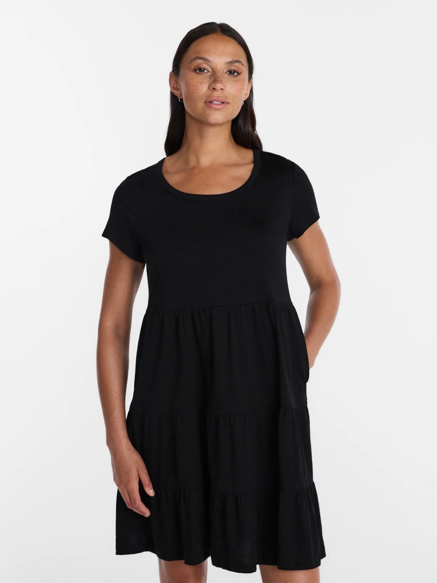 Time and Tru Women's Tiered Cotton Mini Dress with Short Sleeves, Sizes XS-XXXL - Walmart.com | Walmart (US)