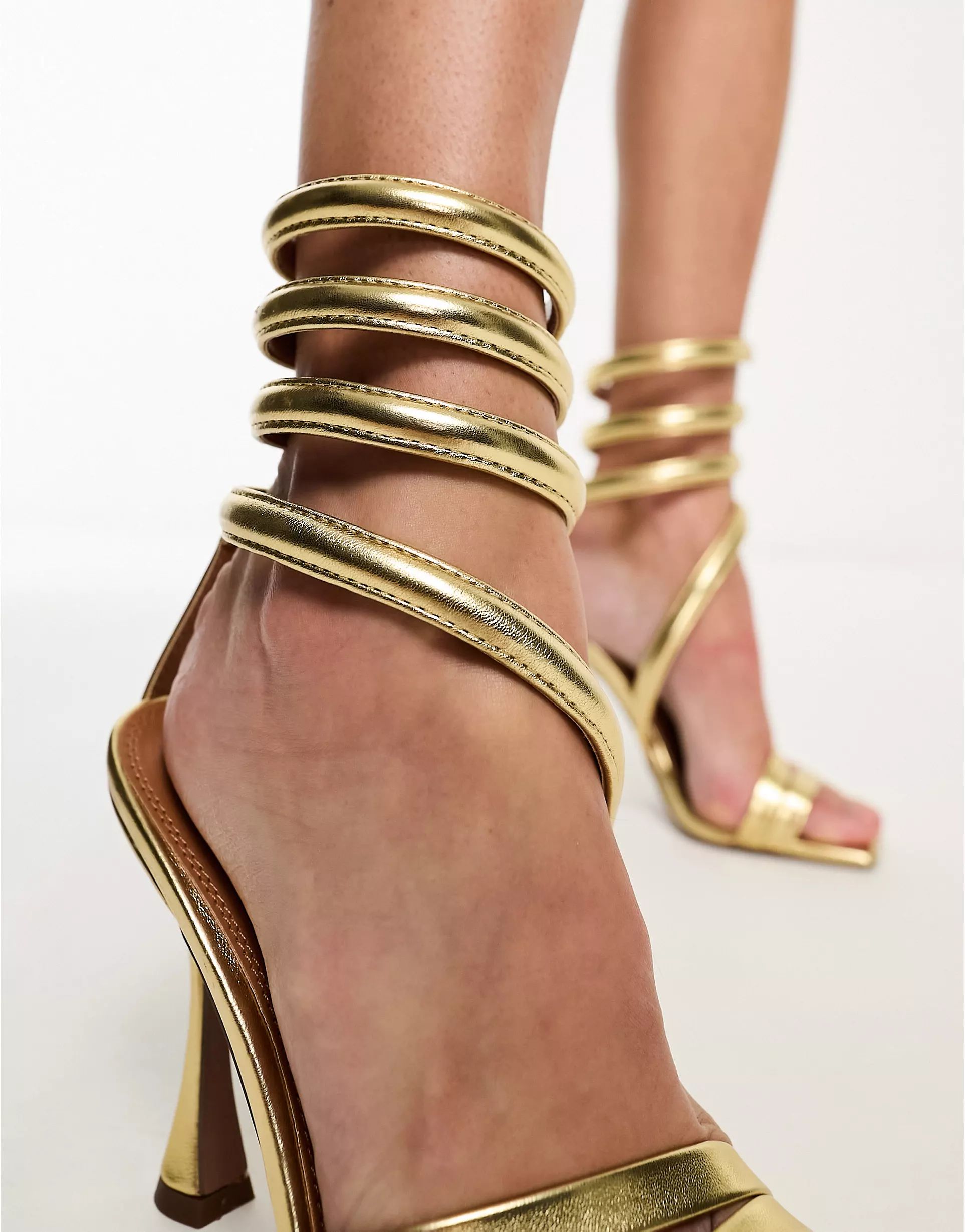 ASOS DESIGN Neo ankle coil high heeled sandals in gold | ASOS (Global)