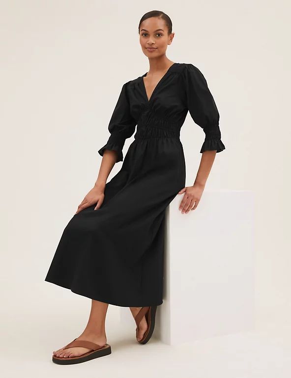Pure Cotton V-Neck Midi Waisted Dress | M&S Collection | M&S | Marks & Spencer (UK)