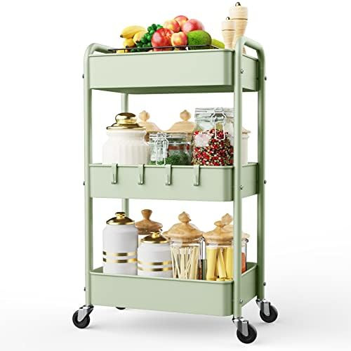 LEHOM 3 Tier Rolling Storage Cart, Metal Trolley Utility Cart with Wheels & Hooks, Easy Assembly ... | Amazon (US)
