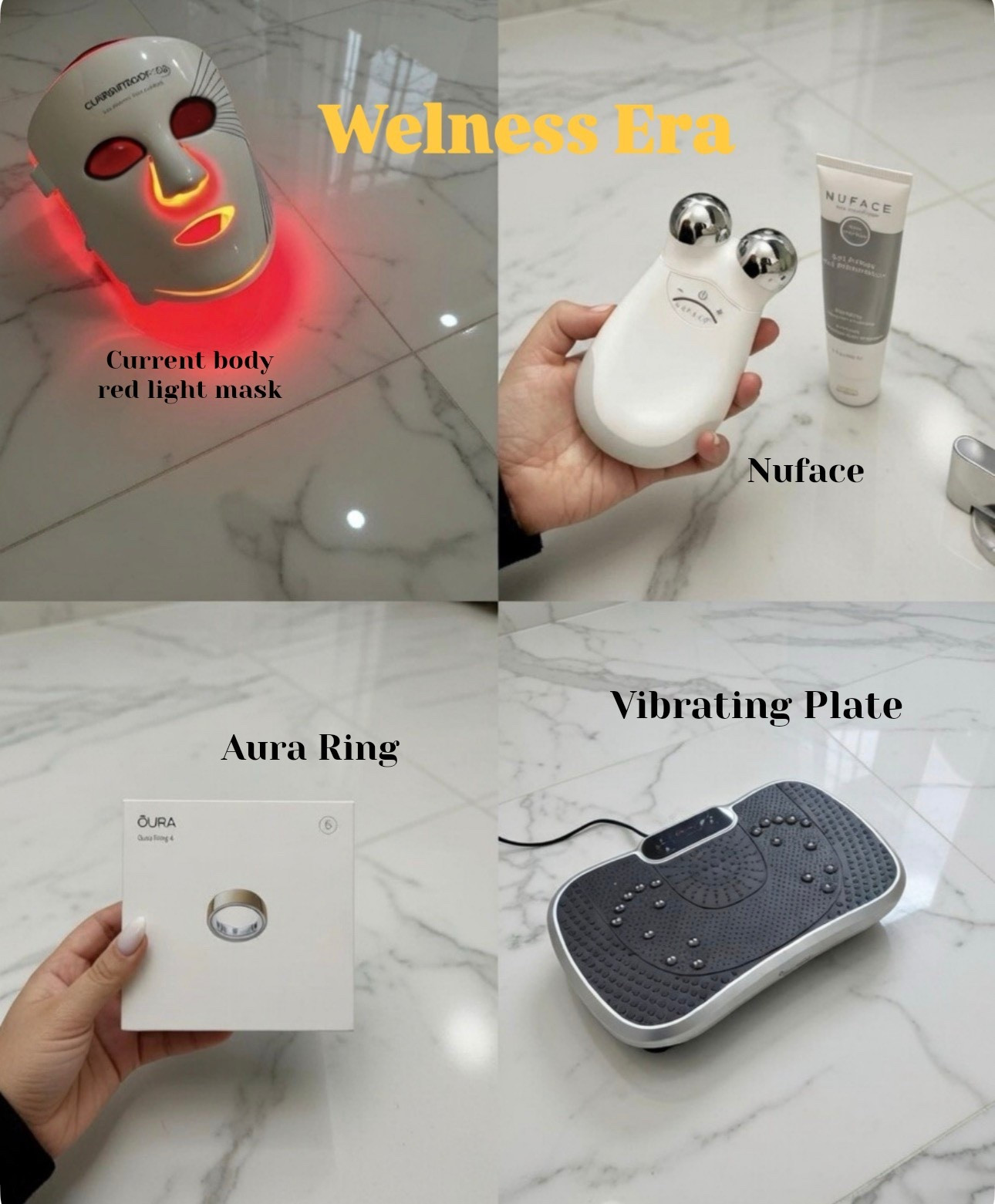Vibrating plate
Boosts circulation and lymphatic drainage while activating fast-twitch muscle fibers.
Enhances muscle tone, recovery, and overall metabolic stimulation.

NuFACE (microcurrent)
Stimulates facial muscles for visible lift and contour.
Supports ATP production and improves skin firmness over time.

CurrentBody red light mask
Promotes collagen synthesis and reduces inflammation.
Improves skin tone, texture, and overall radiance.

Oura Ring
Tracks sleep architecture, HRV, and recovery metrics.
Provides actionable readiness insights to optimize performance and wellness.

Power vibration, facial sculpt, red glow, sleep metrics. Vibration therapy, microcurrent sculpting, red light rejuvenation, biometric tracking — my daily stack for circulation, lift, collagen support, recovery, sleep data, HRV insights, and optimized, tech-driven wellness. 

#LTKfitnessgoals #LTKdayinmylife #LTKselfcare