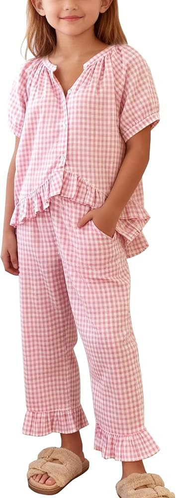 Flygo Girls Gingham 2 Piece Outfits Cotton Plaid Short Sleeve Button Down Peplum Top and Y2K Cute... | Amazon (US)