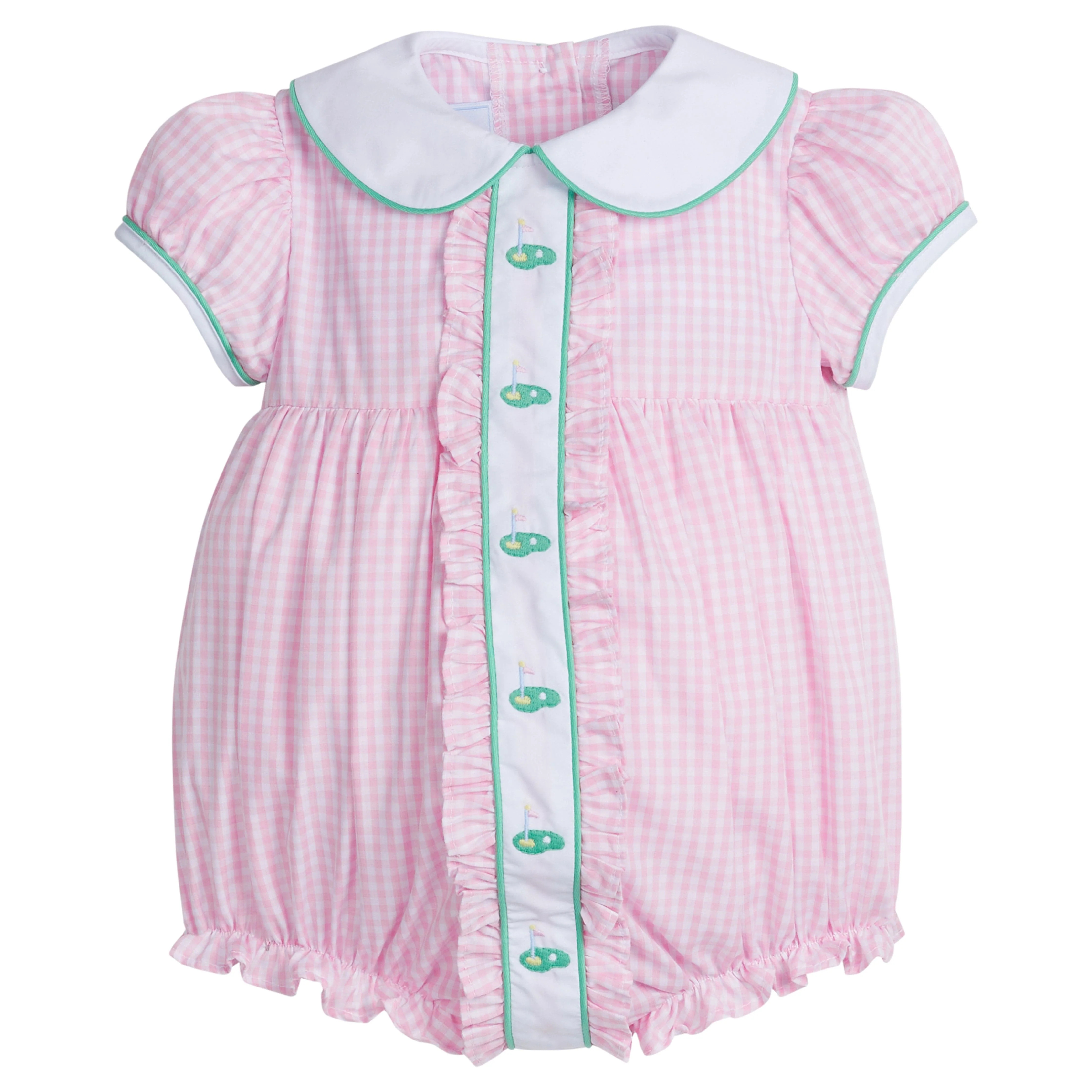 Girls Pink Gingham Bubble Romper in Pink | Little English