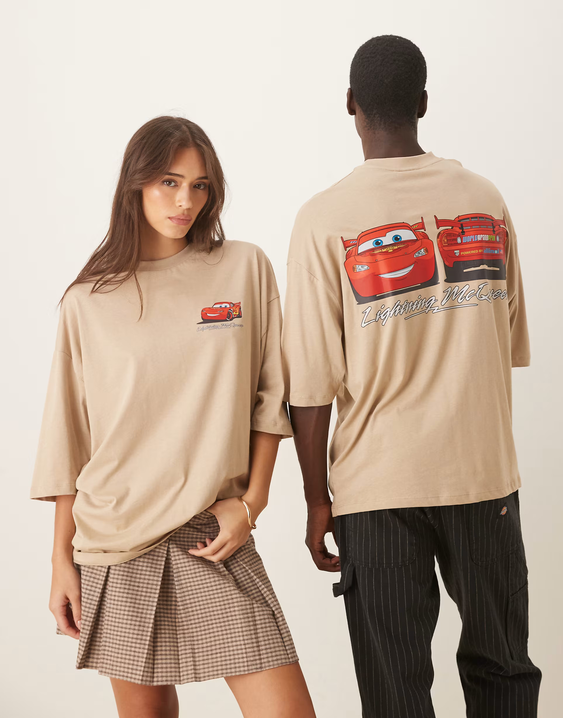 ASOS DESIGN Disney Pixar unisex oversized T-shirt with Lightning McQueen prints in beige | ASOS | ASOS (Global)