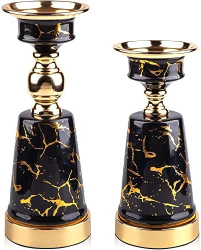 Black and Gold Pillar Candle Holders Set of 2 - Elegant Decorative Stands for Table Centerpiece -... | Amazon (US)