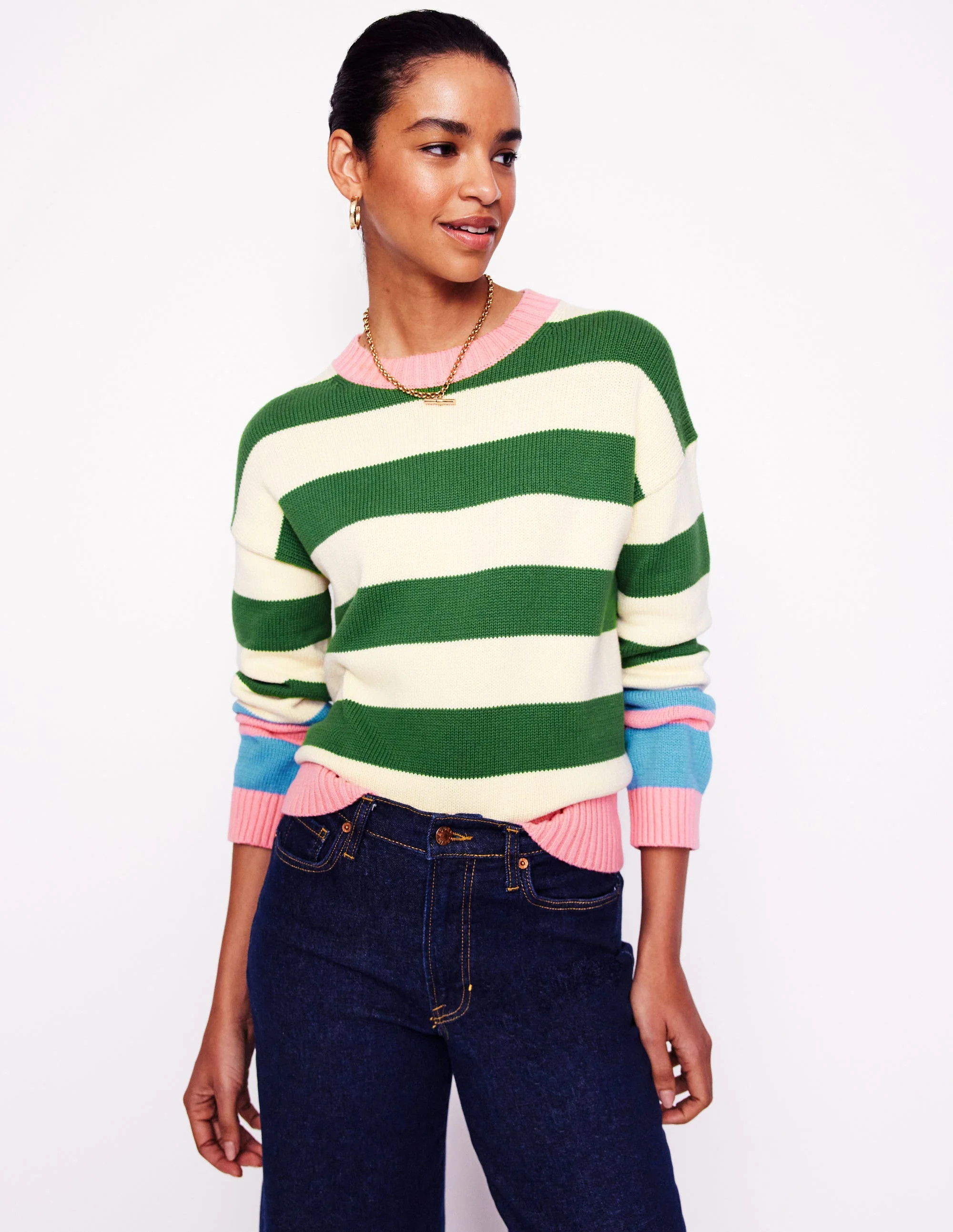 Lucinda Cotton Striped Sweater-Paradise Green, Pink Cuff | Boden (US)