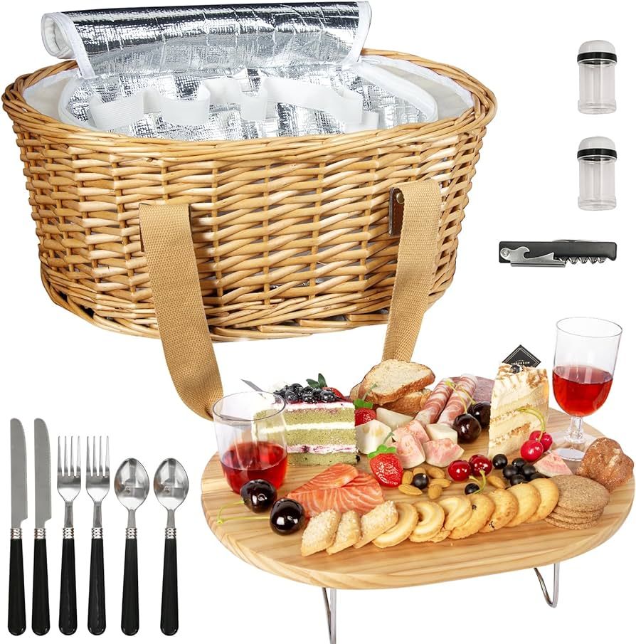 Hap Tim Wicker Picnic Basket Set for 2 with Mini Folding Wine Picnic Table & Large Insulated Cool... | Amazon (US)