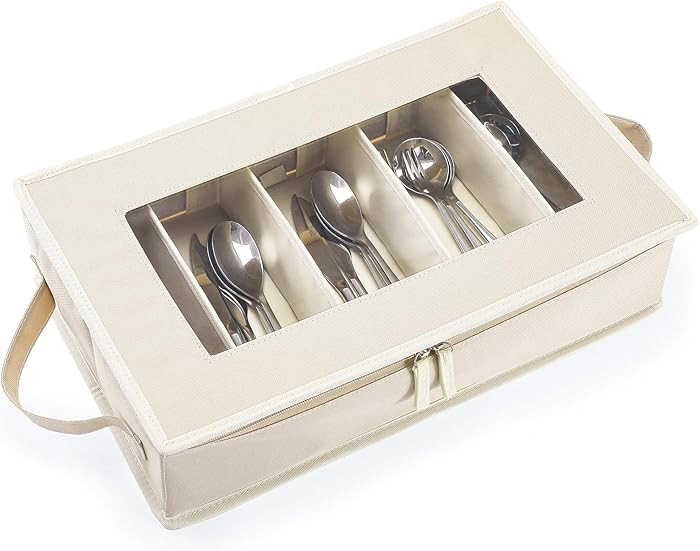 Flatware Utensil Storage Case, Beige Large Capacity Silverware Storage Box Chest with Adjustable ... | Amazon (US)