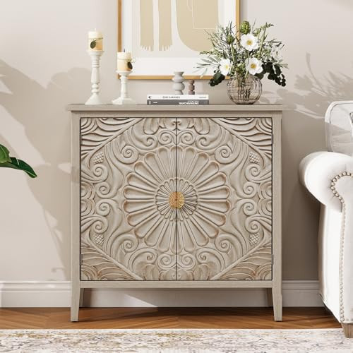 YHAOWORKS Vintage 2 Door Carved Accent Cabinet with Adjustable Shelf, Distressed Floral Decorative Sideboard Buffet, Farmhouse Entryway Storage Cabinet for Living Room, Dining Room, Hallway | Amazon (US)