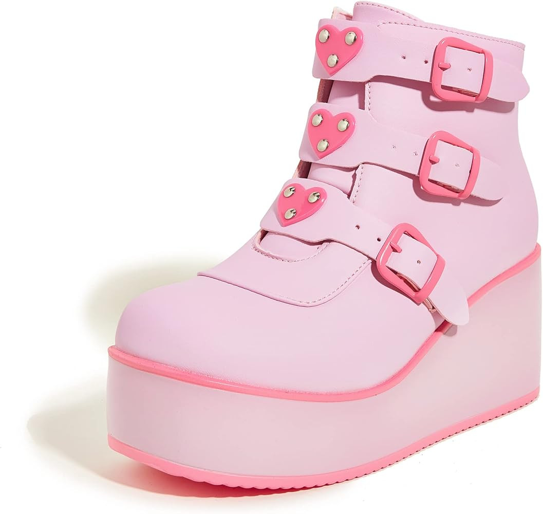 LUCKY STEP Women Platform Chunky Ankle Boots - Round Toe Zipper Wedges High Heels Rave Buckle Thi... | Amazon (US)