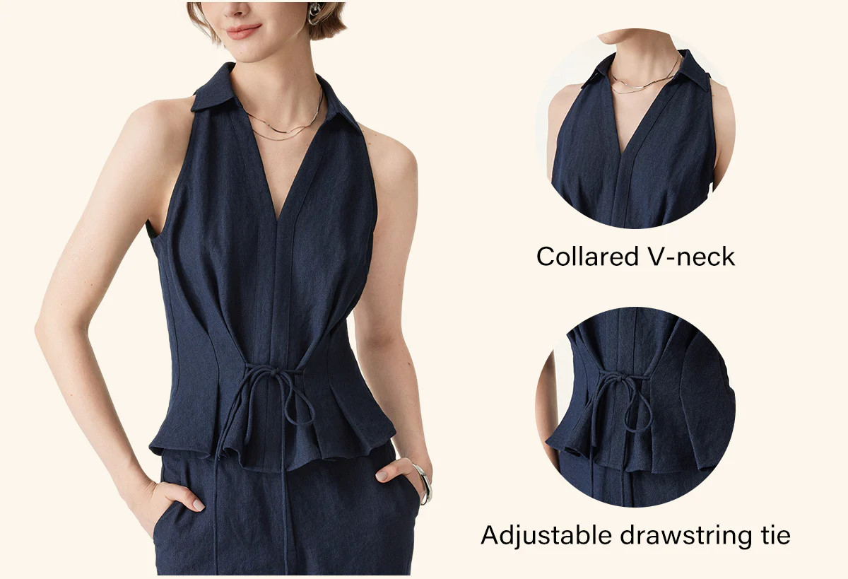 2Pcs Set Collared V-neck Sleeveless Top & Mid Rise Flared Pant with Pockets | OGLmove