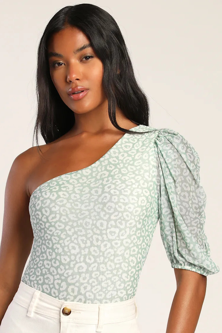 Living Wild Light Green Leopard Print One-Shoulder Bodysuit | Lulus (US)