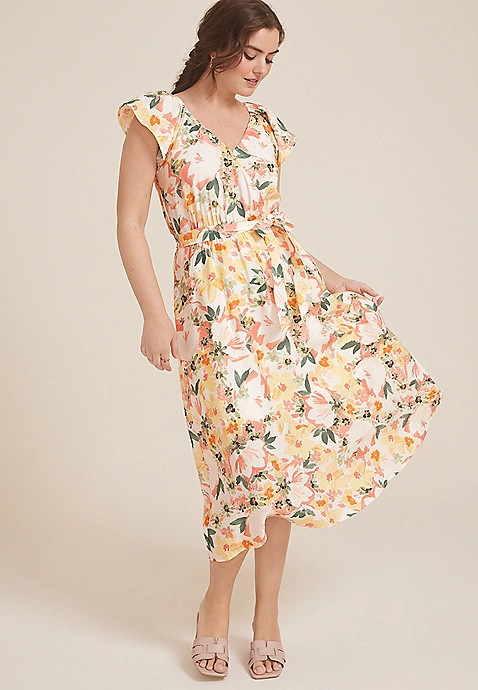 Cool Crepe Floral Flutter Sleeve Wrap Midi Dress | Maurices