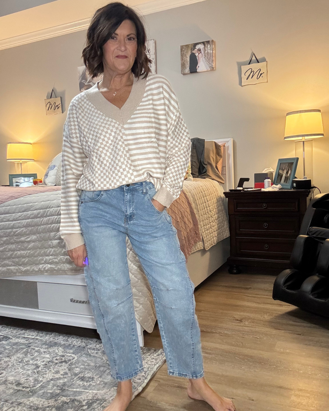 I’m obsessed with this unique sweater—half checkered, half striped, and 100% cozy chic. The neutral tones make it so versatile, while the mixed pattern gives it that elevated, trendy vibe. The relaxed, slouchy fit makes it easy to tuck into jeans or wear loose for a laid-back look. I paired it here with my favorite barrel jeans for that casual, everyday style that’s still polished enough for work or a night out. This combo is the perfect mix of comfy and fashion-forward, and I love that it transitions so well through the seasons. 

 

#LTKOver40 #LTKootd