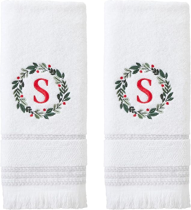 SKL Home Christmas/Winter Wreath Monogram Hand Towel S 2pc Set for Bath/Kitchen/Bar & Gift, White | Amazon (US)