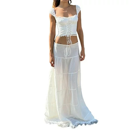 Lnzyyephy Women´s Long Skirts Lace Hem Tie-Up Low Waist Skirts Spring Summer Fashion Casual Skirts | Walmart (US)