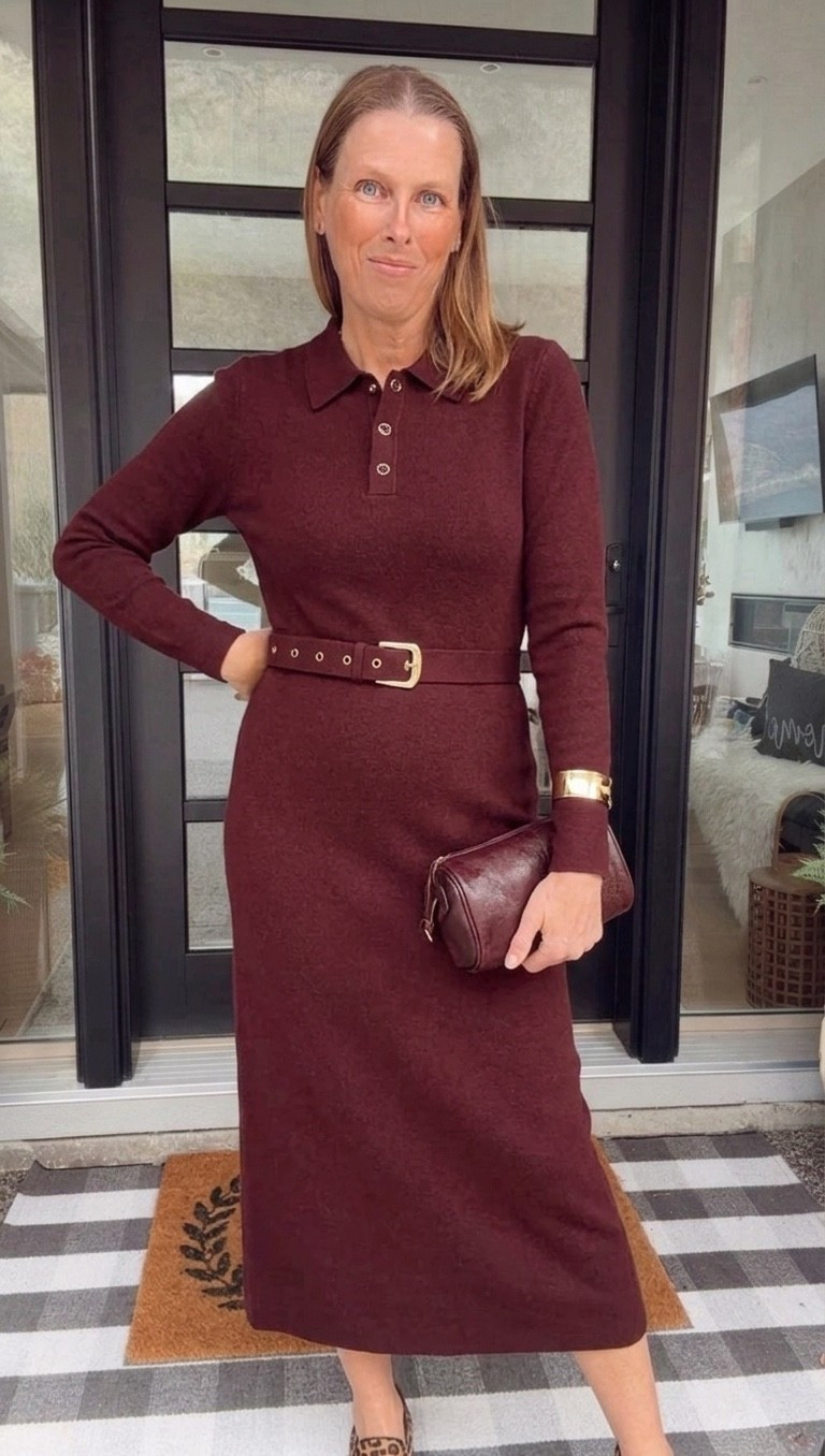 This color is a perfect fall one

Fall dress, fall outfit, sweater dress, elevated casual, maroon dress, style over 50