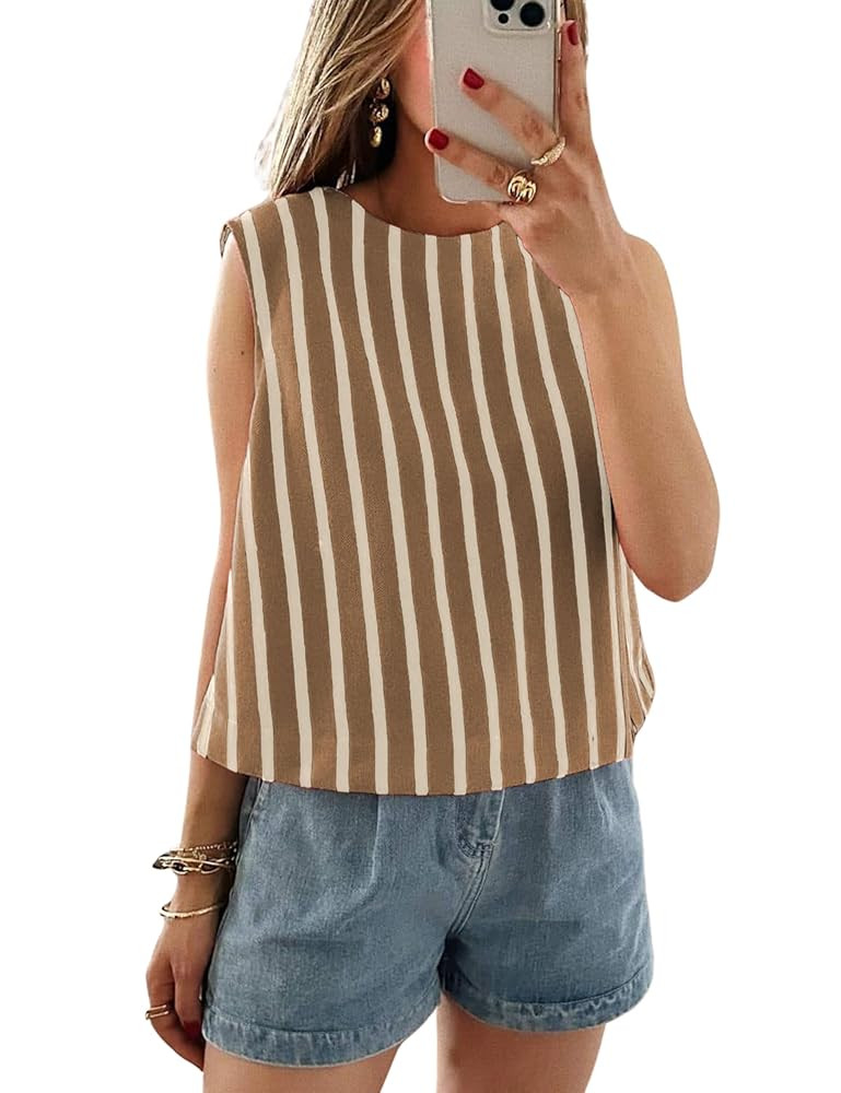 Xiaoxuemeng Womens Striped Top Sleeveless Cotton Tank Top Crewneck Casual Summer Vests | Amazon (US)